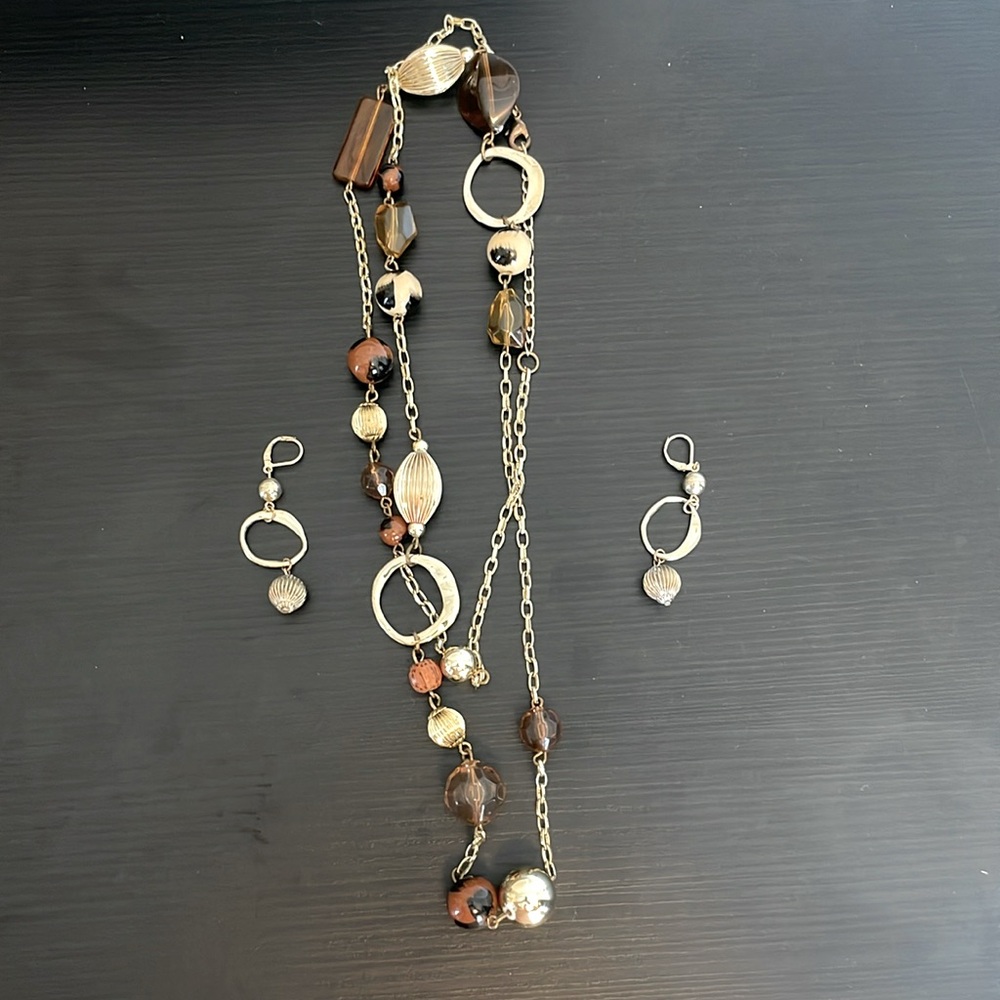 Elegant Gold and Brown Beaded Necklace with matching earrings